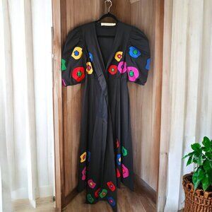 Waiwai x Betina de Luca Puff Sleeve Floral Embellished Black Dress